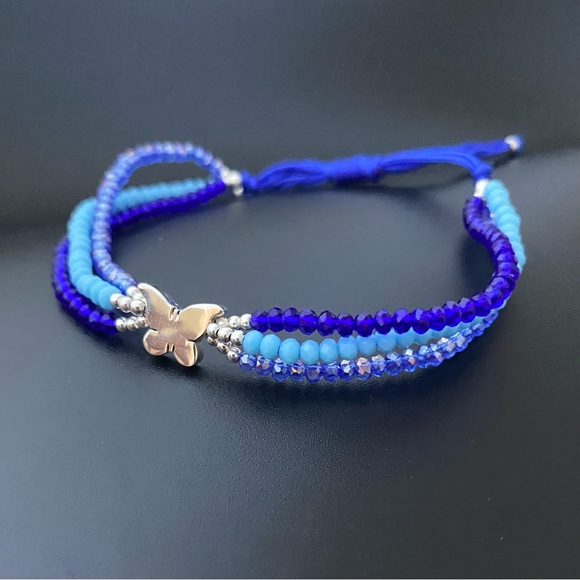925 Sterling Silver Blue Thread  Butterfly Adjustable Three Layer Bracelet - Picture 1 of 13